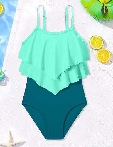 Image of Girls Swimsuit Color Block One Piece Swimsuit 2-Tiered Ruffle Bathing Suit Adjustable Strap Girls' Swimwear 7-16Y