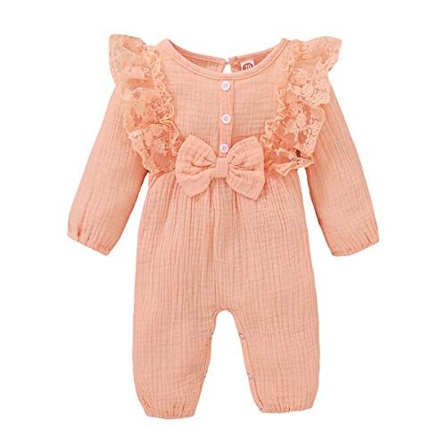 Baby Girl Clothes Lace Romper Casual Jumpsuit Long Sleeve One Piece Bodysuit Infant Outfits Fall Winter Clothes Footless Onesies(Pink,0-3 Months)
