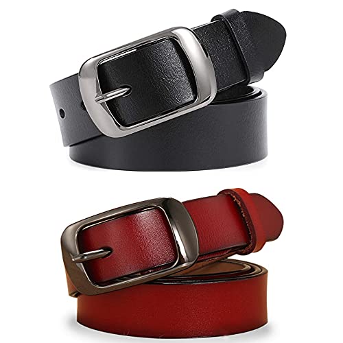 Women Leather Belt With Buckle Fashion Waist Belt For Jeans Pants Dress 1 Inch Width Strap 2 Packs (1 Black and Red brown, M:Length 43 INCH,fit for Waist Size 33