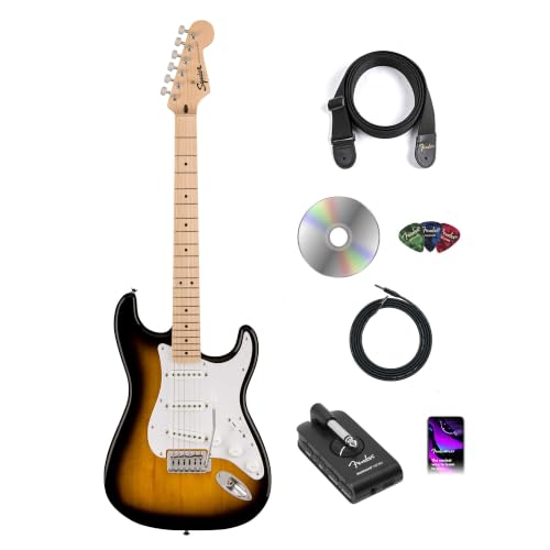 Image of Fender Squier Sonic Stratocaster - 2-Color Sunburst Bundle with Fender Mustang Micro Headphone Amp, Cable, Strap, Picks, and Austin Bazaar Guitar DVD