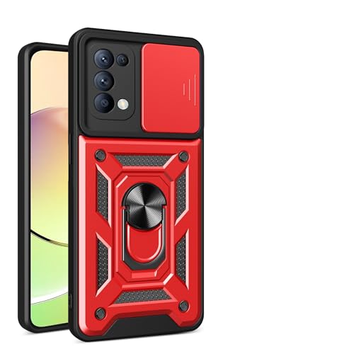 JayModCase Funda para OPPO Reno5 4G/5G Carcasa con Protección Militar Antigolpes, Cubierta de Cámara Deslizante y Soporte de Anillo Giratorio 360° Case for Reno5 4G - Rojo