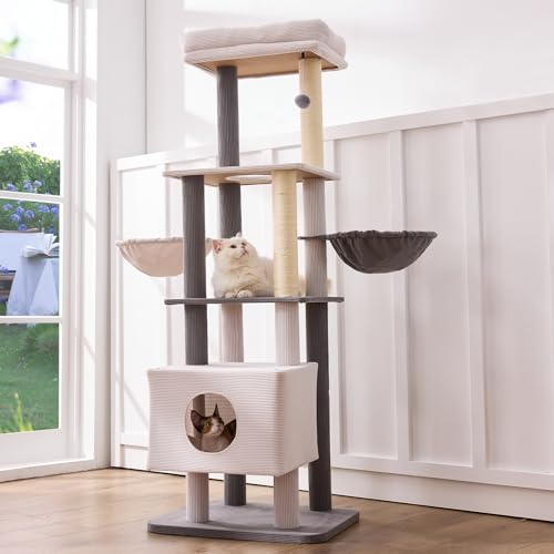 Gardner Pet 65in Heavy Duty Cat Tree Tower for Large Cats, Multi-Level Cat Furniture with Replaceable Sisal Scratching Post, Hammock | Extra-Large Platform & Condo (Beige) Basic φ:2.84" Beig