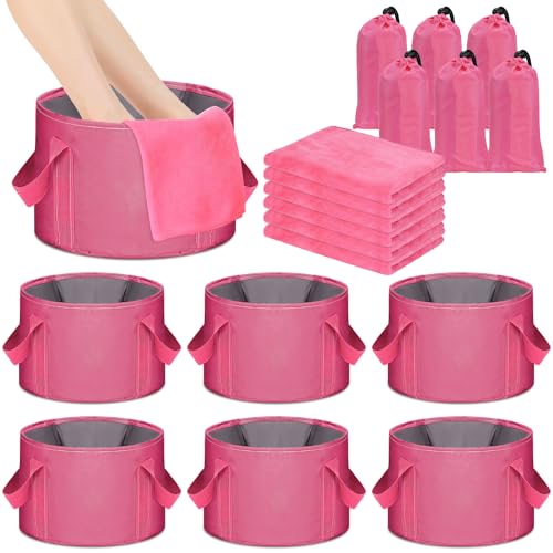 6 Sets 12 L Foldable Foot Soaking Tub Kit Portable Foot Bath Tub Foldable Foot Basin Bath FootTub for Soaking Feet with Towel and Storage Bag Soak Spa Bucket for Travel Camping (Pink)