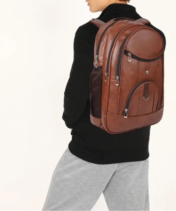 Image of Laptop Backpack for Men & Women | Black Faux Leather Office & Travel Bag 40L | Spacious Laptop Compartment | Front Organizer Pocket | College, Business & Daily Use