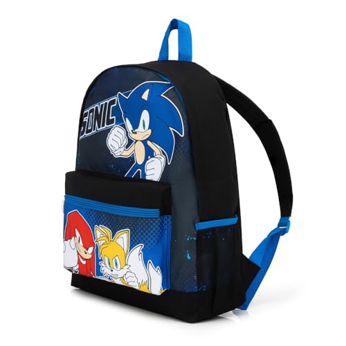 Sonic The Hedgehog Boys Backpack Kids School Bag Blue Black Gaming Rucksack with Front Pocket & Side Mesh Lightweight School Travel Bag