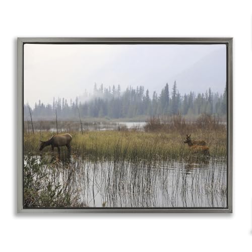 Animals Grazing Creek Landscape, 24 x 30 Inch Canvas in Floater Frame