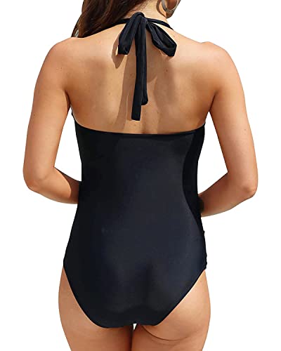 Tempt Me Women Black Tummy Control Bathing Suits Halter One Piece Swimsuits Ruched Slimming 1 Piece M #TOP1