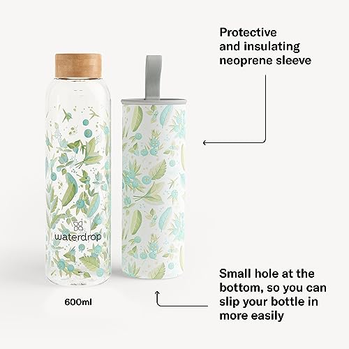 waterdrop® Glass Water Bottle 600ml, Water Flask with Bamboo Lid & Sleeve, Reusable Borosilicate Glass Flask, Leakproof - Image 3