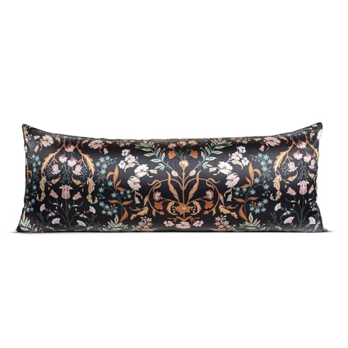 Image of Sweet Jojo Designs Black and Orange Satin Wildflower Floral for Hair Skin Body Pillow Cover Case Accent Decorative Couch Long Lumbar Throw Zipper 54x20 Bedroom Living Room Decor Dorm Soft Silky Shiny