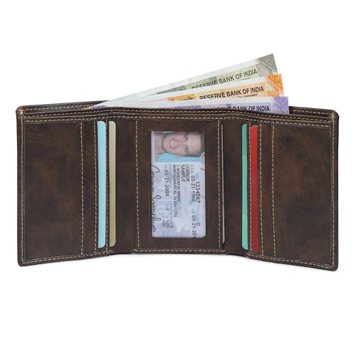 Image of Men Leather Trifold Wallet | Slim Black Wallet with 6+ Card Slots, ID Window & Cash Compartment | Premium Top-Grain Leather | Ideal Gift for Men