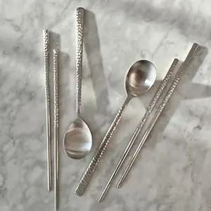 cozymomdeco Korean Made Silver Glossy Hammered Stainless Steel Korean Spoon & Chopstick SET (2SET)
