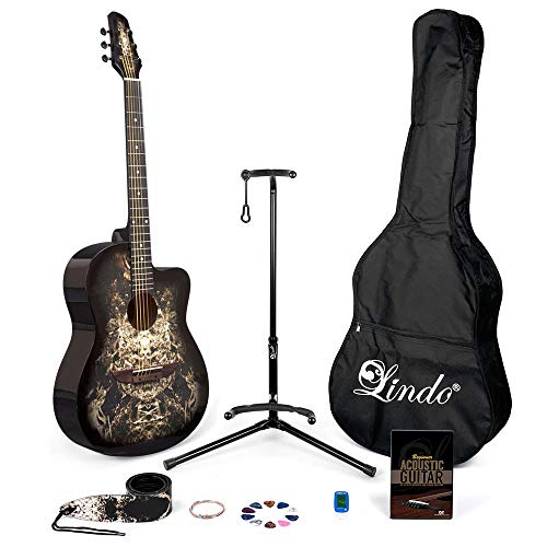 Lindo 933C Alien Guitarra acústica negra y paquete completo de accesorios (bolsa de carga, soporte, cuerdas, correa, 10 púas, DVD, sintonizador de clip) Cover