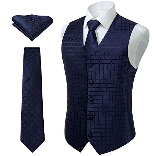 HISDERN Men's Solid Check Jacquard Waistcoat & Necktie and Pocket Square Formal Vest Suit Set Wedding Blue