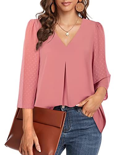 Messic Work Blouse Chiffon Womens Blouses Dressy 3/4 Sleeve Summer Designer Blouses V Neck Elelegant Chiffon Tunic Tops Flattering Cute Versatile Top For Office Workwear Sheer Tops,Carmine,Xx-Large #TOP6