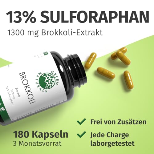 Brokkoli Kapseln - Hochdosiert: 170mg Sulforaphan & 1300mg Brokkoli Extrakt je Tagesdosis - 3 Monate Vorrat (180 Kapseln) - Apothekenqualität - Green Naturals®