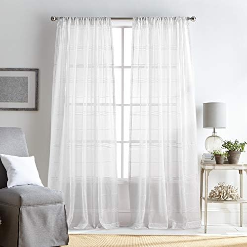 MARTHA STEWART Delicate Stripe Sheer Rod Pocket Window Curtain Panel Pair for Living Room, 84", White