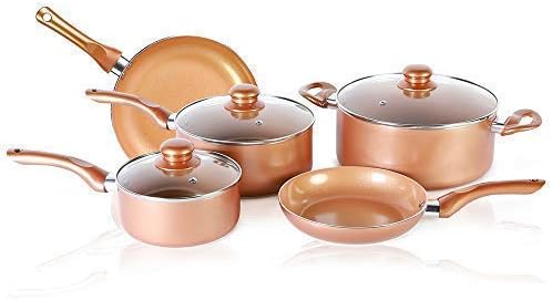 8 PCS Copper Coated Nonstick Cookware Set, Induction Compatible Ceramic Copper Pots and Pans Cookware set Includes Frying Pan, Saucepan and Detachable Handles with Steam Vented Glass Lid