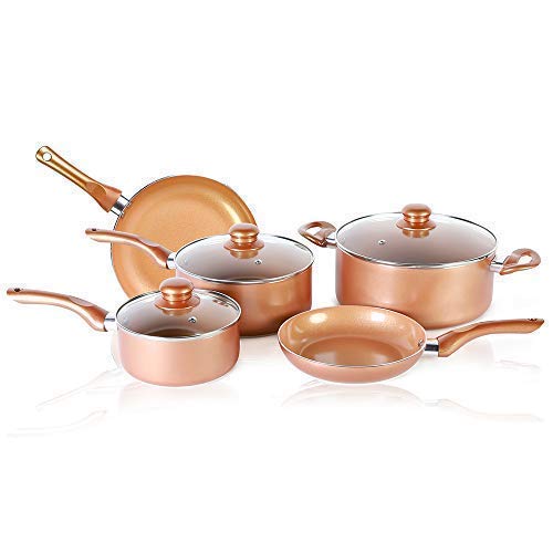 8 PCS Copper Coated Nonstick Cookware Set, Induction Compatible Ceramic Copper Pots and Pans Cookware set Includes Frying Pan, Saucepan and Detachable Handles with Steam Vented Glass Lid