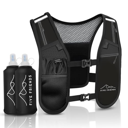 Running Vest with 2 Water Bottles – Lightweight Reflective Hydration Vest with 6 Pockets – Adjustable Running Backpack for Men & Women