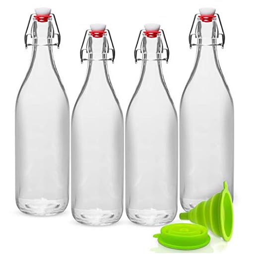 GUADONA Lot de 4 bouteilles en verre transparent 1 litre de boisson (eau, jus, lait, bière, etc.) avec bouchons balançoires anti-fuites + Entonnoir Pliable en Silicone de Haute qualité. (1000ml)