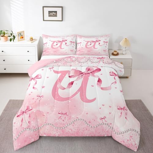 jejeloiu Kawaii Bowknot Kids Comforter Set Full Size Personalized Initial