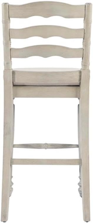 Pemberly Row 30" Retro Wood and Fabric Bar Stool, Antique White Finish, Solid Rubberwood Frame, Padded Linen Upholstery, Ladder Back, Turned Legs, Foot Rails, Traditional Style for Bar or Pub Tables