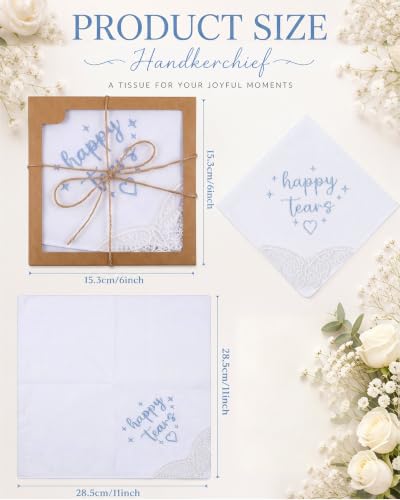 Image of Kinlop 6 /12 Pack Embroidered Wedding Happy Tears Handkerchiefs, 11 inchx11 inch Lace Handkerchiefs, Something Blue Gift for Bride