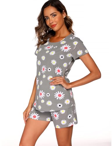 ENJOYNIGHT Pyjama court pour femme en coton à manches courtes - Ensemble de 2 pièces avec haut et pantalon - Vêtement de nuit d'été - Idéal pour la maison, Fleur grise., L – vue 3