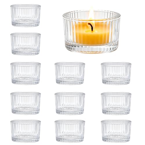 Image of 12PCS Tea Light Candle Holders, 2 Inch Clear Ribbed Votive Candle Holders - Clear Mini Tealight Cups for Wedding Centrepieces Chriatmas Birthday Parties New Year Home Decor