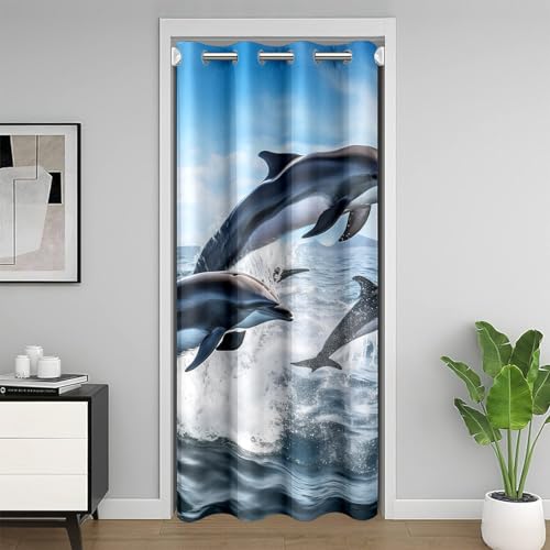 Homewish Rideau de Porte de Dauphin 86x203,Enfants Kawaii Dauphin Rideau Occultant pour Enfants Bleu Sea Wave Rideau de Porte Mignon Animal Marin Chambre...