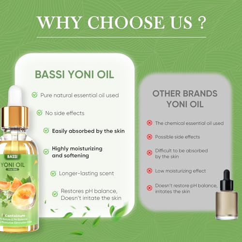 Image of BASSI 3 PCS Natural Yoni Oil for Women -Feminine Oil Vaginal Moisturizer - Reduces Odor, Restores pH Balance, Helps with Vaginal Itch, Herbal Yoni Blend with Strawberry Peach Hami Melon