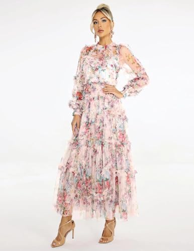BELLA BARNETT Fairy Floral Dress Beige Mesh Dress for Women Sun Dress Printed Date Night Dress3
