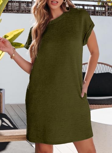 Image of EVALESS Womens Summer Dresses 2026 Fashion Short Sleeve Cute Spring Mini Dress Crewneck Casual Beach Vacation Dresses
