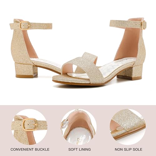 Image of Dufannie Girls Sandals Low Heels Dress Pump Ankle Strap Open Toe Flower Girl Wedding Party for Toddler Little Big Kid