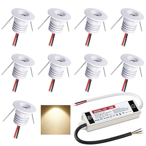 Image of Mini Spot Lights 1W 12V LED Recessed Spot Light Ceiling 15mm-18mm Cutout LED Downlight IP65 Warm White 3000K Ceiling Spotlights for Cabinet Kitchen Living Rom Stairs,With transformer (White, 9 Pack)