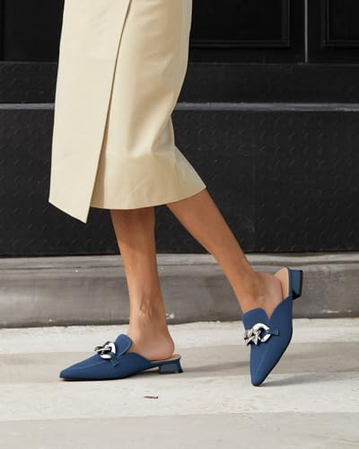 Image of NEWBELLA Women's Knit Pointed Toe Mule Slides, Chunky Gold Chain Decor, Low Block Heel, Slip On Loafer for Daily Office Wear