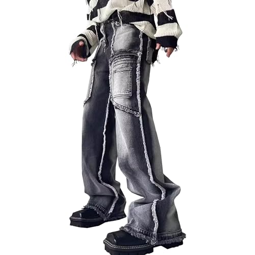 Men's Washed Patchwork Jeans Cargo Wide Leg Denim Pant Baggy Vintage Hip Hop Streetwear Jean Trousers (Gray,Small)
