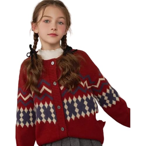 Girls' Red Knitted Long Sleeved Shirt with Button and Checkered Stripes Trendy Cardigan Sweater