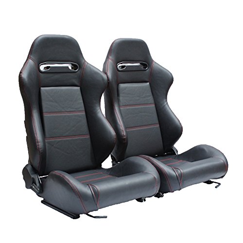 MODAUTO Asiento Deportivo Coche, Semibaquet Deportivo Ajustable, Cuero, con Ríeles Incluidos, Conductor y Pasajero, Universal para Coche y Simulador de Conducción, Modelo N360LR, Negro y Costura Roja