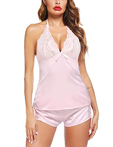 Avidlove Sexy Sleepwear for Women Satin Pajamas Set Lace Camisole Shorts Nightwear Khaki,Medium