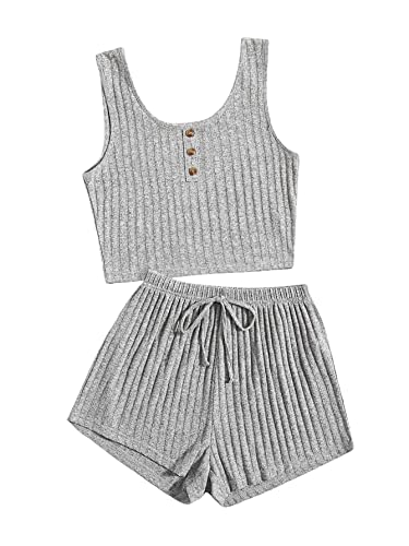 Image of SOLY HUX Women's Button Front Ribbed Knit Tank Top and Shorts Pajama Set Sleepwear Lounge Sets
