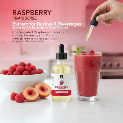 Image of Dolce Flav Natural Raspberry Extract 2 oz - Kosher, Sugar-Free, Concentrated Tart Raspberry Flavoring for Baking, Beverages & Desserts, Includes Measured Dropper