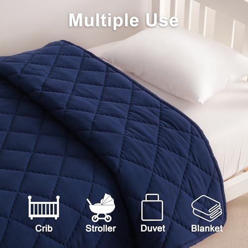 Image of BEDSUM Toddler Comforter, Brushed Microfiber Crib Blanket - All Season Quilted Down Alternative Nursery Bedding - Lightweight Baby Blanket for Stroller & Nap, 39x47, Navy Blue