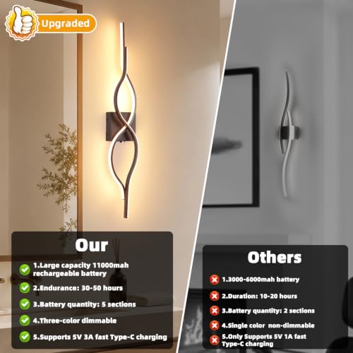 Image of Battery Operated Wall Sconces Set of 2, Walnut 31.4'' LED Dimmable Wall Sconce with Remote Control, Adjustable Color Temperature Brightness for Living Room Bedroom and Hallway Rechargeable Lighting