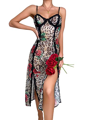 Wdirara Women's Floral Leopard Print Lace Trim Sleeveless Split Thigh Cami Dress Nightgown Multicolor M #TOP21