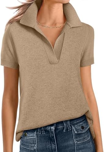 ANRABESS Women Short Sleeve Sweater Wool Blend Polo V Neck Shirts...