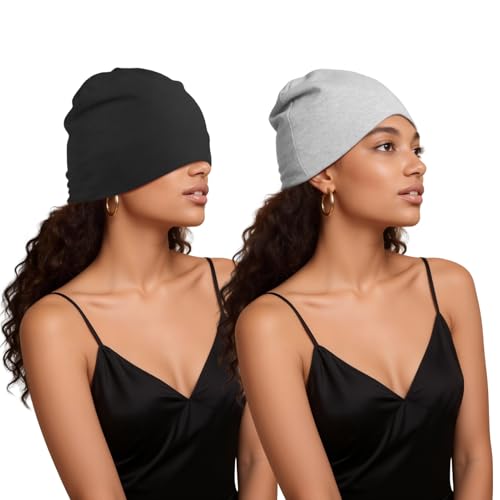 Kiiwah 2 Piezas Gorro para Dormir, Slouch Beanie para Dormir, Gorro Pelo Rizado Suave de Doble Capa Gorro de Dormir a Prueba de Luz Unisex Gorros de Algodon para Hombres y Mujer