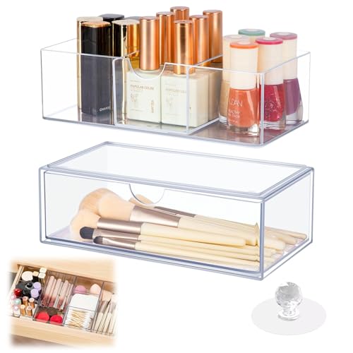 QITIXI:OU Make Up Organizer - Transparenter Schminktisch-Organizer, Make-up-Organizer mit Schubladenfächern, Transparenter Schubladen-Organizer aus Acryl, Stapelbar zur Make Up Aufbewahrung