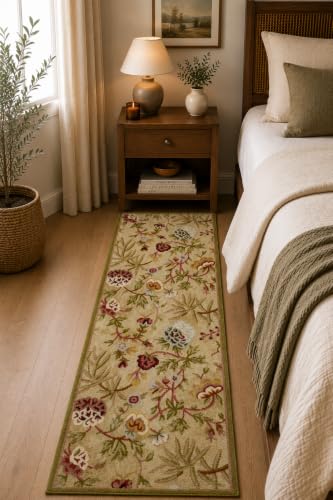 Image of Carpets Runner Rug for Bedroom | Beautiful Modern Interior Floral Carpet for Living Room, Bed Room, Kitchen | Sofa Floor - Handmade Pure Wool - Pista Green - Floral Design (2.5 Feet x 8 Feet)