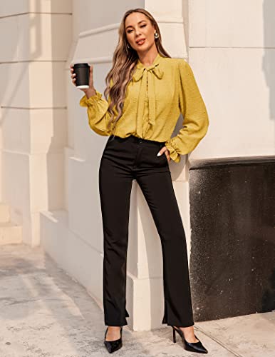 Acevog Women's Blouse With Tie Long Sleeve Button Down Shirt With Ruffled Cuffs Swiss Dot Tunic Top For Work Yellow Medium #TOP4